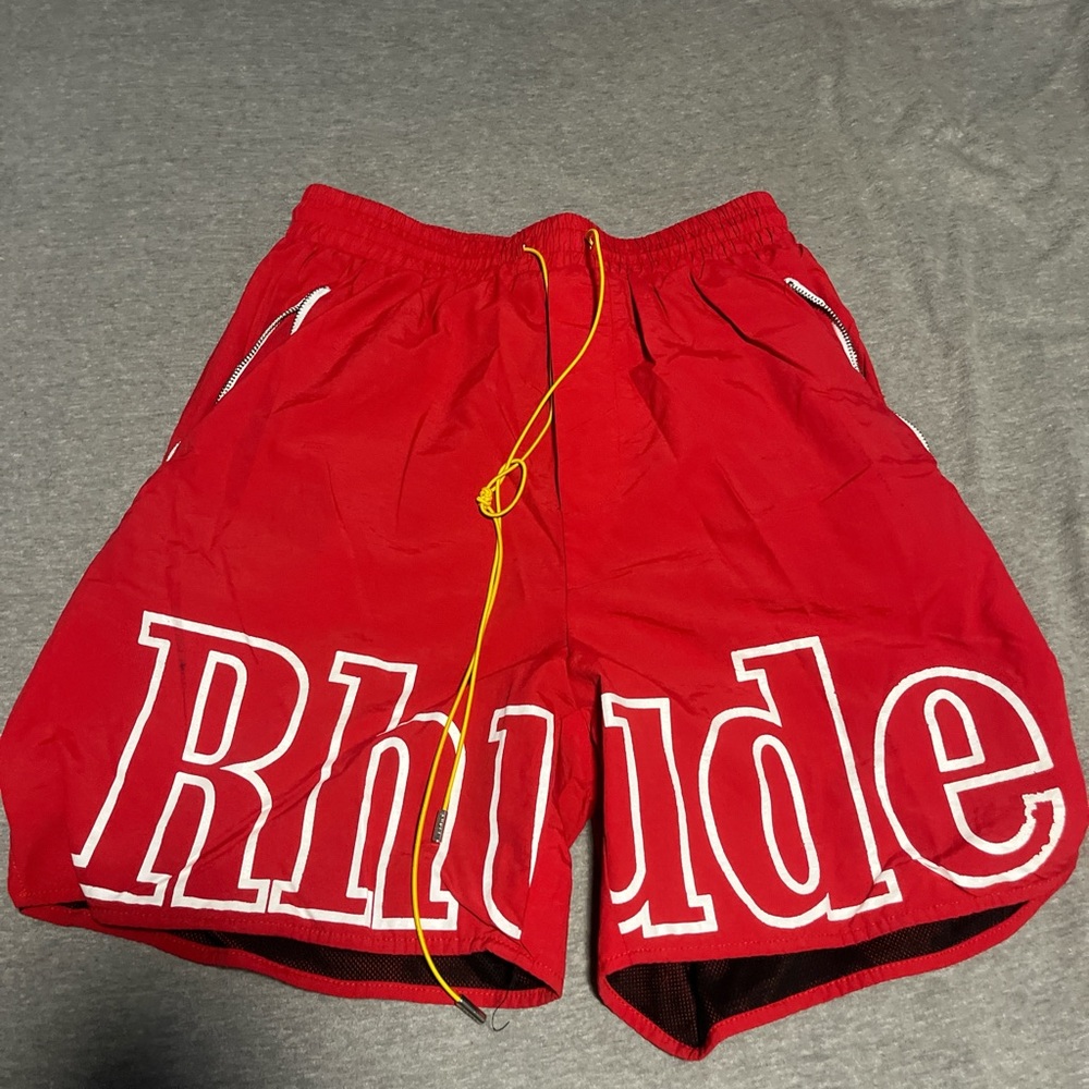 Rhude Red Shorts with Logo and zipper pill